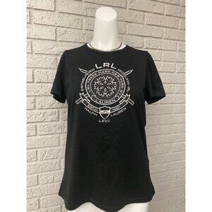 Ralph Lauren Women Black Beaded embroidered Graphic Short Sleeve Top Size L